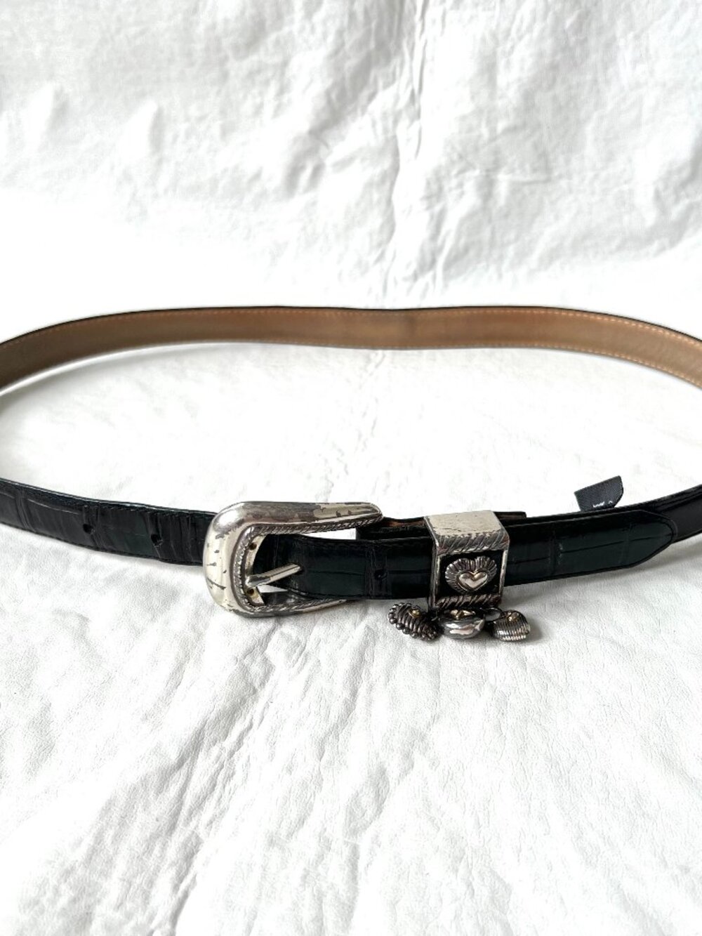 Brighton leather belt skinny black leather croc embossed Large silver charms